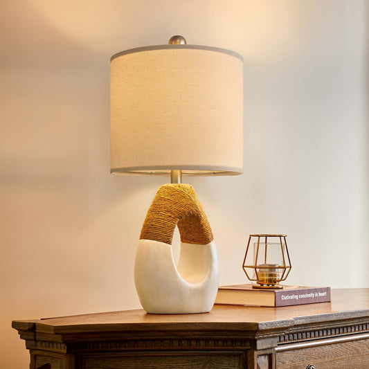 OYEARS 19” Boho Table Lamps Bedroom Living Room,Suitable for Small Space,Farmhouse Rattan Lamp Rustic Egg Design Resin Nightstand Bedside Lamps for Bedroom Living Room Office Study Rest Decor