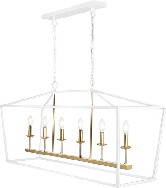 JONATHAN Y JYL7439E Pagoda 49" 6 Light Linear Classic Traditional Metal LED Pendant Farmhouse Dining Room Living Room Kitchen Foyer Bedroom Hallway, 49 in, White/Brass Gold