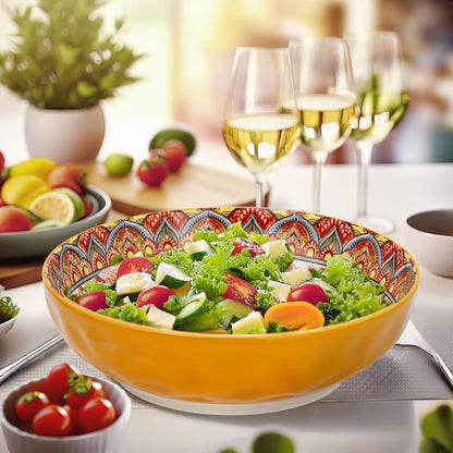 75 Oz Serving Bowls,Bohemian Style Large Porcelain Dishes for Entertaining Parties,Big Bowls for Eating Soup, Salad, Pasta, Fruit, Chips, 10.3 Inch Diameter (orange)