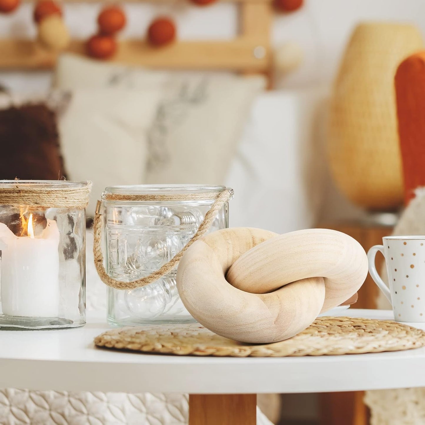 Wood Chain Decor, 2-Link Decorative Chain Hand Carved Boho Wood Knot Decor for Bookshelf Desk Living Room Coffee Table Farmhouse Decorative Ornament (Natural)