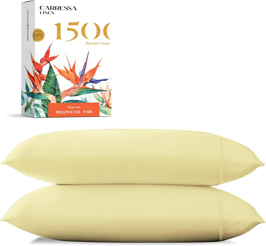 Carressa Linen 100% Egyptian Cotton Pillow Cases Standard/Queen Size Set of 2 - Luxury 1500 Thread Count Sateen Beige Pillow Cases, Silky Soft Cotton Pillowcases Fits Standard & Queen Pillows