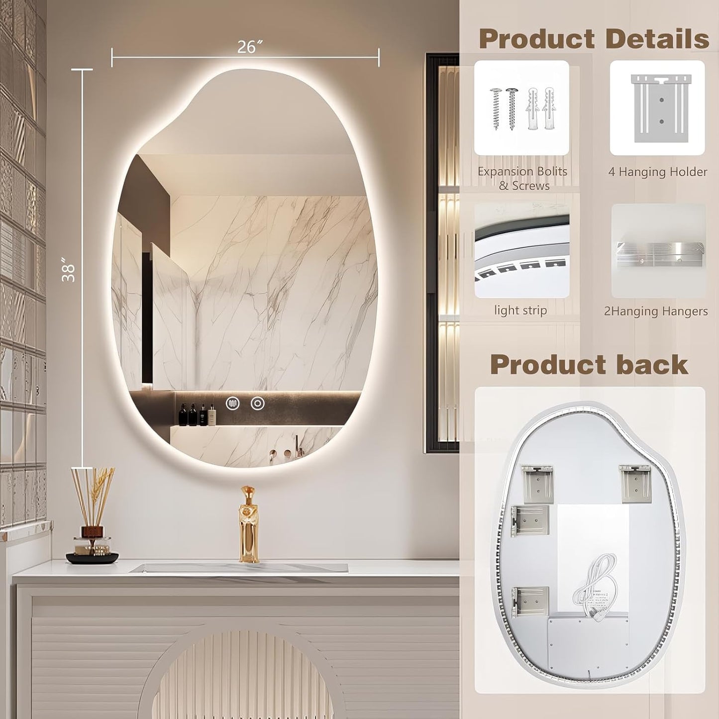 38"x26" Asymmetrical Led Mirror for Bathroom, Irregular Backlit Vanity Mirror with Lights, Frameless Smart Mirror, 3 Colors Stepless Dimmable, Anti-Fog, Memory, CRI95+, Horizontal/Vertical