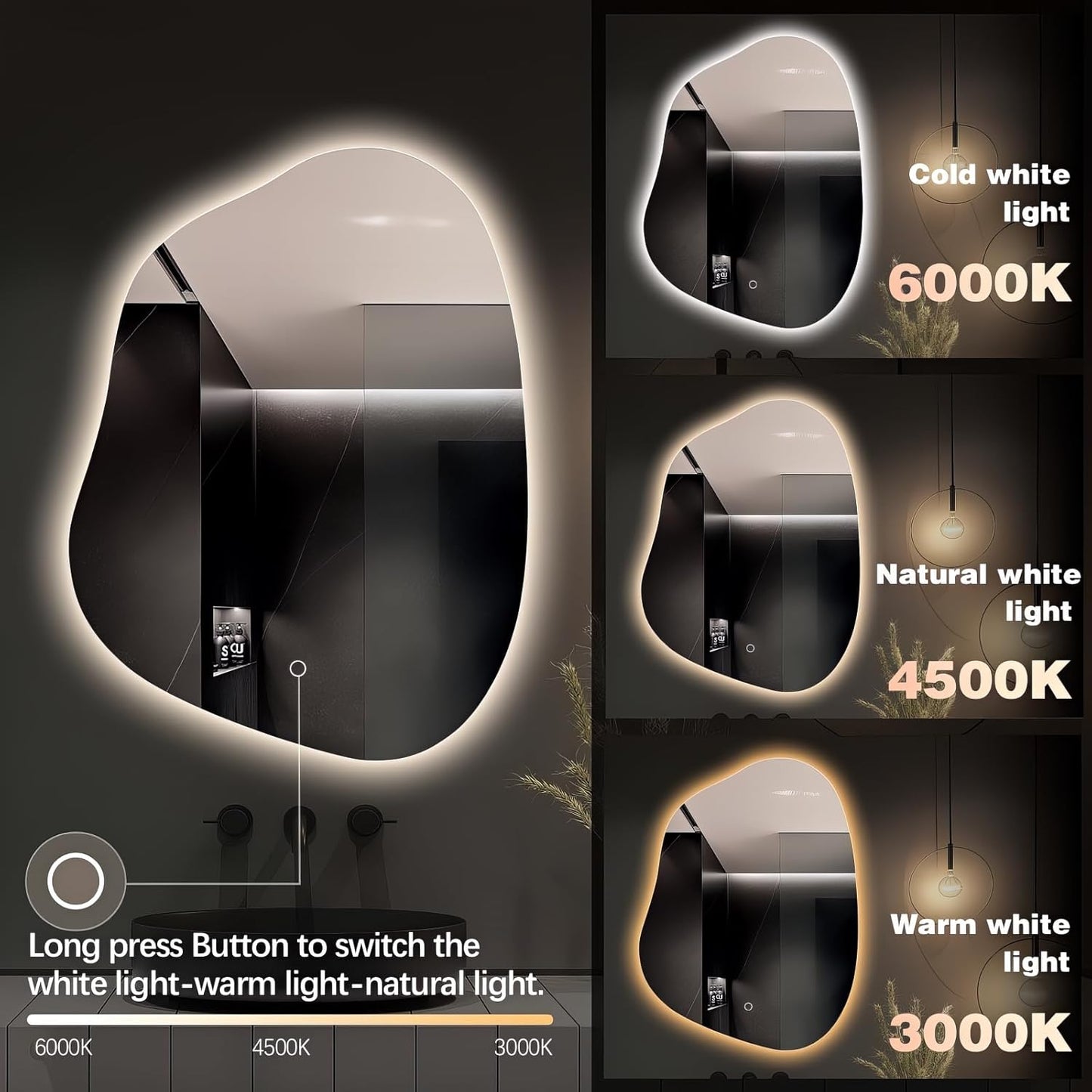 Irregular LED Bathroom Mirror with Lights, 32"x24" Anti Fog Frameless Led Bathroom Vanity Mirror, Stepless Dimmable Backlit Mirror for Bathroom Bedroom Living Room, Horizontal/Vertical