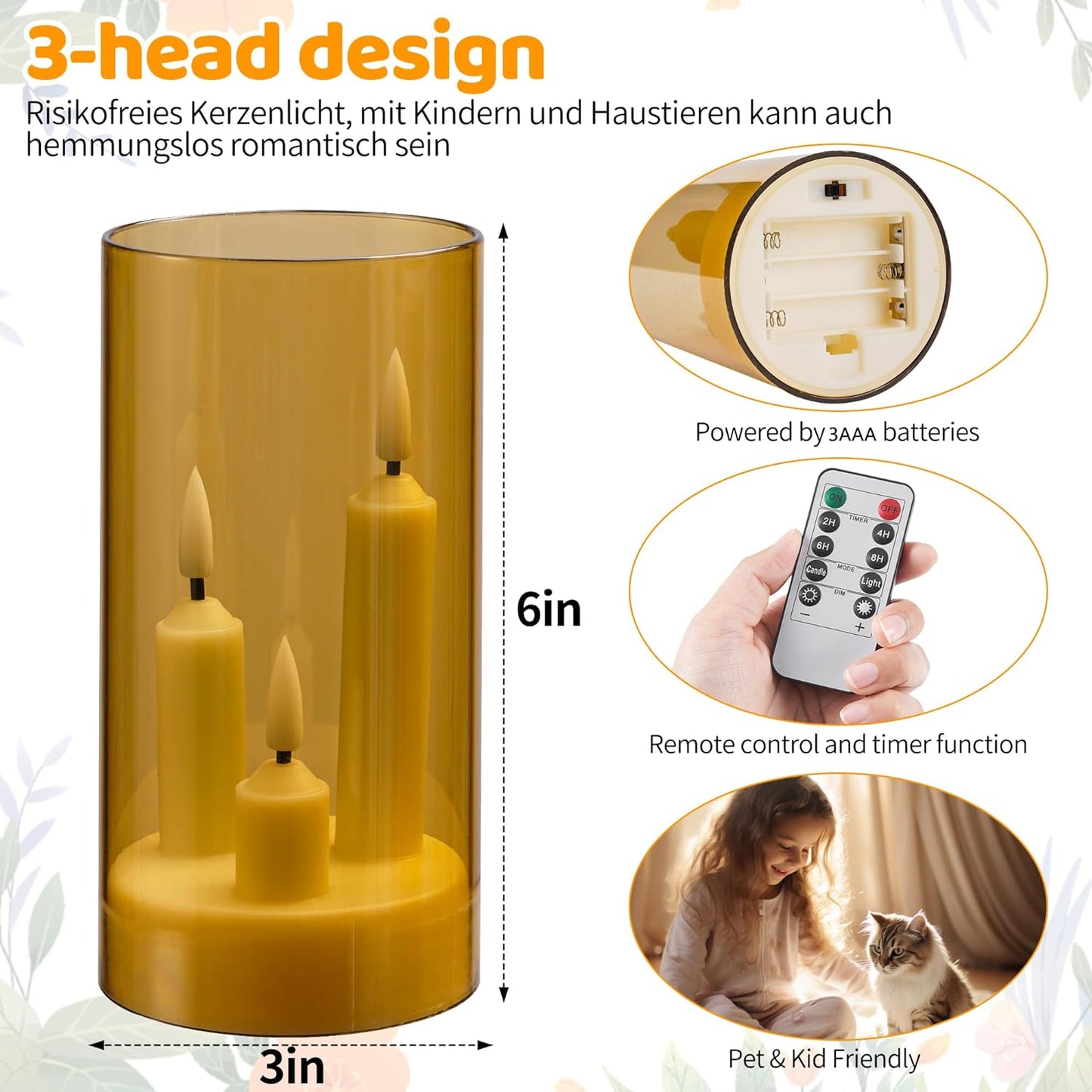 Da by LED Flameless Candles, Gold, Battery Operated with Remote and Timer, 3 Wicks Flameless Candles-2 Pack
