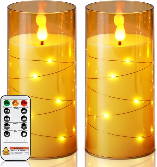 Homemory Flameless Candles with Embedded Star String Fairy Lights, Battery Operated Candles, LED Candle, Fake Candles with Remote Control and Timer, Gold, Set of 2(H 6" 6")