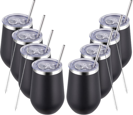 MEWAY 12oz Insulated Wine Tumbler with Press-In Lid, Double Wall Vacuum Stainless Steel Travel Tumbler with Straw,Travel Cup for Coffee and Drinks, Gift for Woman Under 10 dollars(Black,Set of 8)