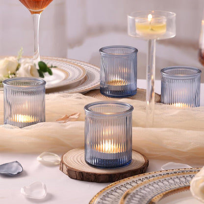 8Pcs Ribbed Blue Votive Candle Holders, Tea Light Candle Holder Glass, Blue Candle Holders for Table Centerpiece, Wedding Decor, Home and Holiday Decor