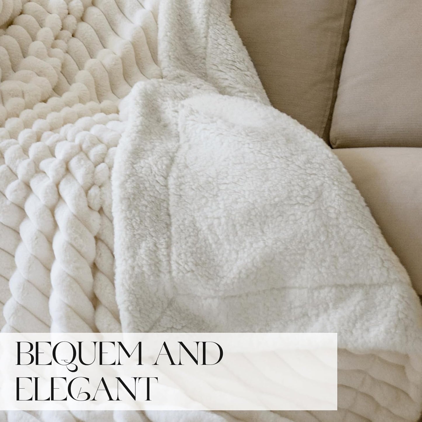 MOSAYT Throw Blanket for Couch Or Bed, Super Soft Faux Rabbit Fur Lamb Hair Blanket, Elegant Ruched Design Fleece Blanket, White Cozy Blanket for Couch, Sofa and Bed(50x60 Inch)