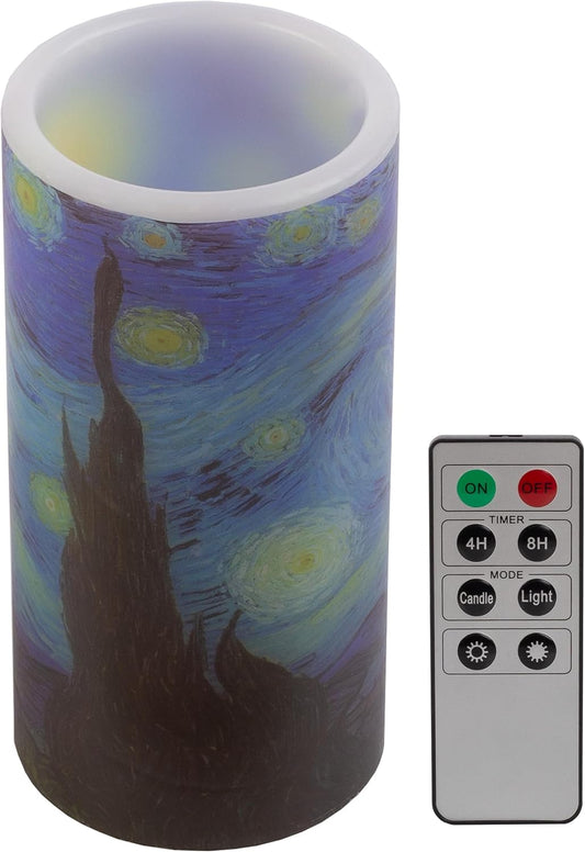Lavish Home Flameless Candles - 2-Pack Van Gogh Starry Night Battery Operated Candles with Remote and Flickering Light for Home Décor