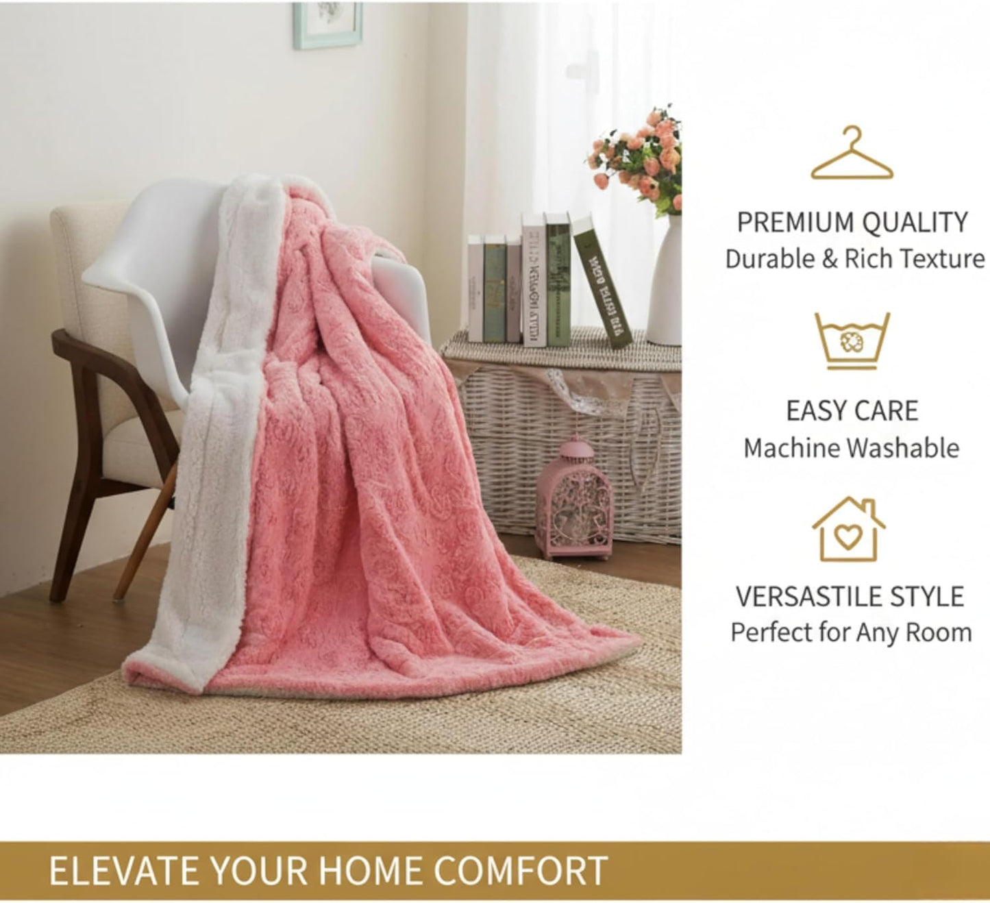 DaDa Bedding Luxury Faux Fur Throw Blanket - [ Non Shedding - Machine Washable] Fluffy Super Cuddly Soft Roses Sherpa Backside - Warm Plush for Lap or Sofa - Bright Vibrant Pink & White - 63" x 90"