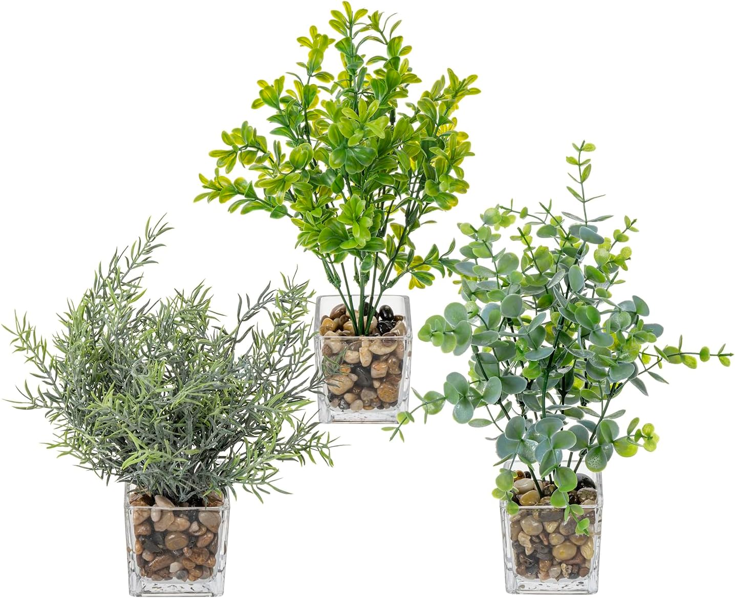 MyGift Artificial Rosemary Eucalyptus and Boxwood Plants Potted in Clear Glass Square Pots, Assorted Faux Greenery Indoor Home Table Centerpiece Office Desk Decor, 3 Piece Set