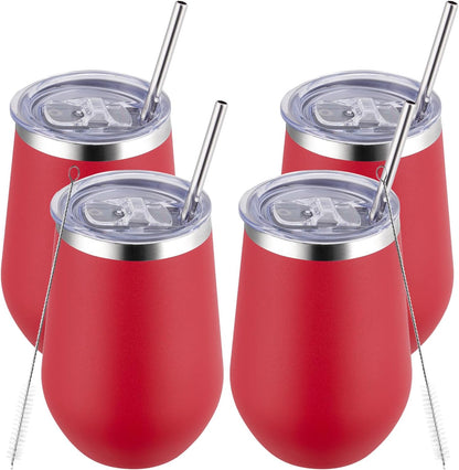 MEWAY Stemless 12oz Insulated Wine Tumbler with Lid and Straw - Double Wall Stainless Steel Thermal Cups for Hot and Cold Drinks, Bridal Shower Prizes for winners(Red,Set of 4)