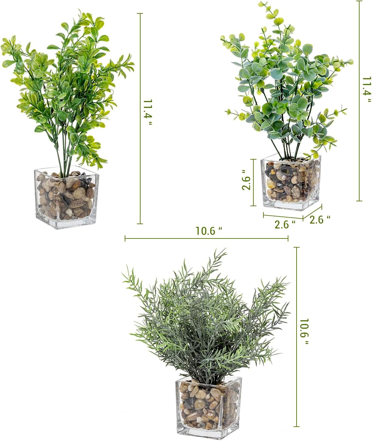 MyGift Artificial Rosemary Eucalyptus and Boxwood Plants Potted in Clear Glass Square Pots, Assorted Faux Greenery Indoor Home Table Centerpiece Office Desk Decor, 3 Piece Set