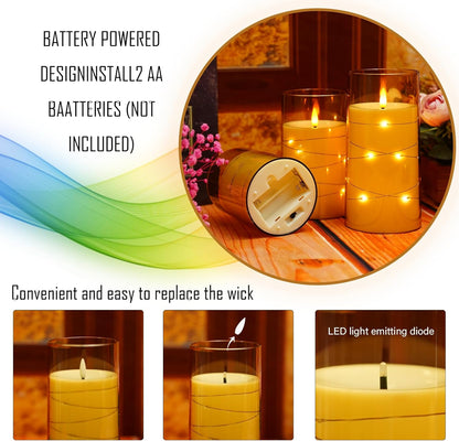 Flameless LED Candles with Timer 3 Pc Flickering Flameless Candles for Romantic Ambiance and Home Decoration Stable Acrylic Shell,with Embedded Star String，Battery Operated Candles（Gold）