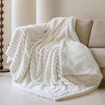 MOSAYT Throw Blanket for Couch Or Bed, Super Soft Faux Rabbit Fur Lamb Hair Blanket, Elegant Ruched Design Fleece Blanket, White Cozy Blanket for Couch, Sofa and Bed(50x60 Inch)