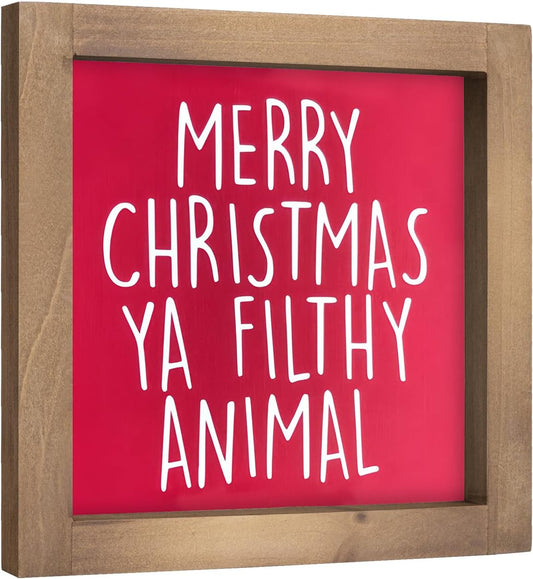 Merry Christmas Ya Filthy Animal Sign, Wooden Funny Xmas Decorative Signage Decor, Holiday Indoor Table Shelf Desk Bathroom Mantel Tiered Tray Wall Art Rustic Farmhouse Decorations for Home