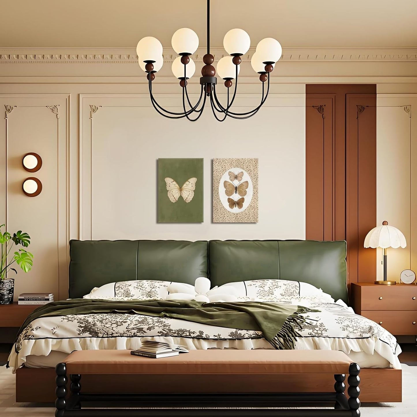 Framed Butterfly Wall Art 2Pcs,Vintage Classic Prints, Nature Butterfly Canvas Painting,Rustic Beige and Dark Moody Green Poster Boho Wall Decor for Living Room, Bedroom,Gallery Home Decor 12x16IN