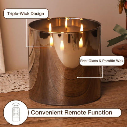Eywamage 3 Wick Silver Grey Glass Flameless LED Candle with Remote, Flickering Large Battery Pillar Candle Decor Φ 6" H 6"