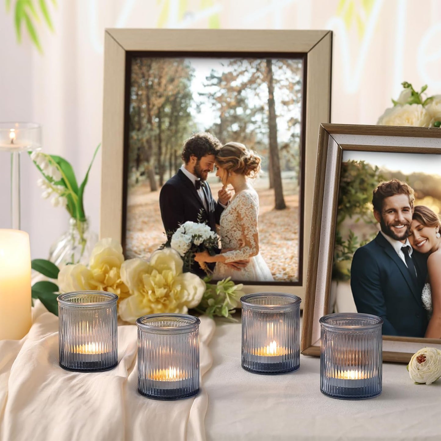 8Pcs Ribbed Blue Votive Candle Holders, Tea Light Candle Holder Glass, Blue Candle Holders for Table Centerpiece, Wedding Decor, Home and Holiday Decor