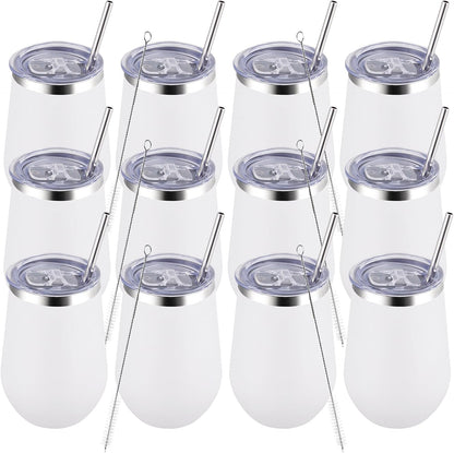 MEWAY Durable 12oz Stainless Steel Wine Tumbler with Lid and straw - Vacuum Insulated Coffee and Wine Cup for Travel, Parties, and Outdoor Events(White, Set of 12)