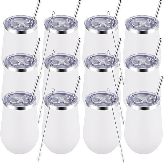 MEWAY Durable 12oz Stainless Steel Wine Tumbler with Lid and straw - Vacuum Insulated Coffee and Wine Cup for Travel, Parties, and Outdoor Events(White, Set of 12)