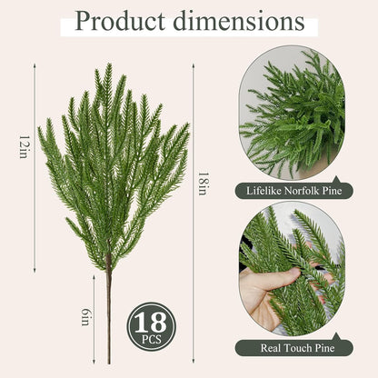 18 Pcs Real Touch Norfolk Pine Branches,Artificial Christmas Green Faux Cedar Norfolk Pine Stems Fake Greenery Pine Picks for Vase DIY Garland Wreath Xmas Indoor Outdoor Home Decoration (18 Inches)