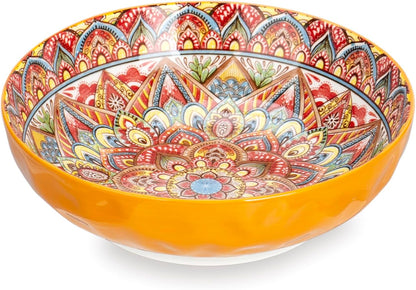 75 Oz Serving Bowls,Bohemian Style Large Porcelain Dishes for Entertaining Parties,Big Bowls for Eating Soup, Salad, Pasta, Fruit, Chips, 10.3 Inch Diameter (orange)