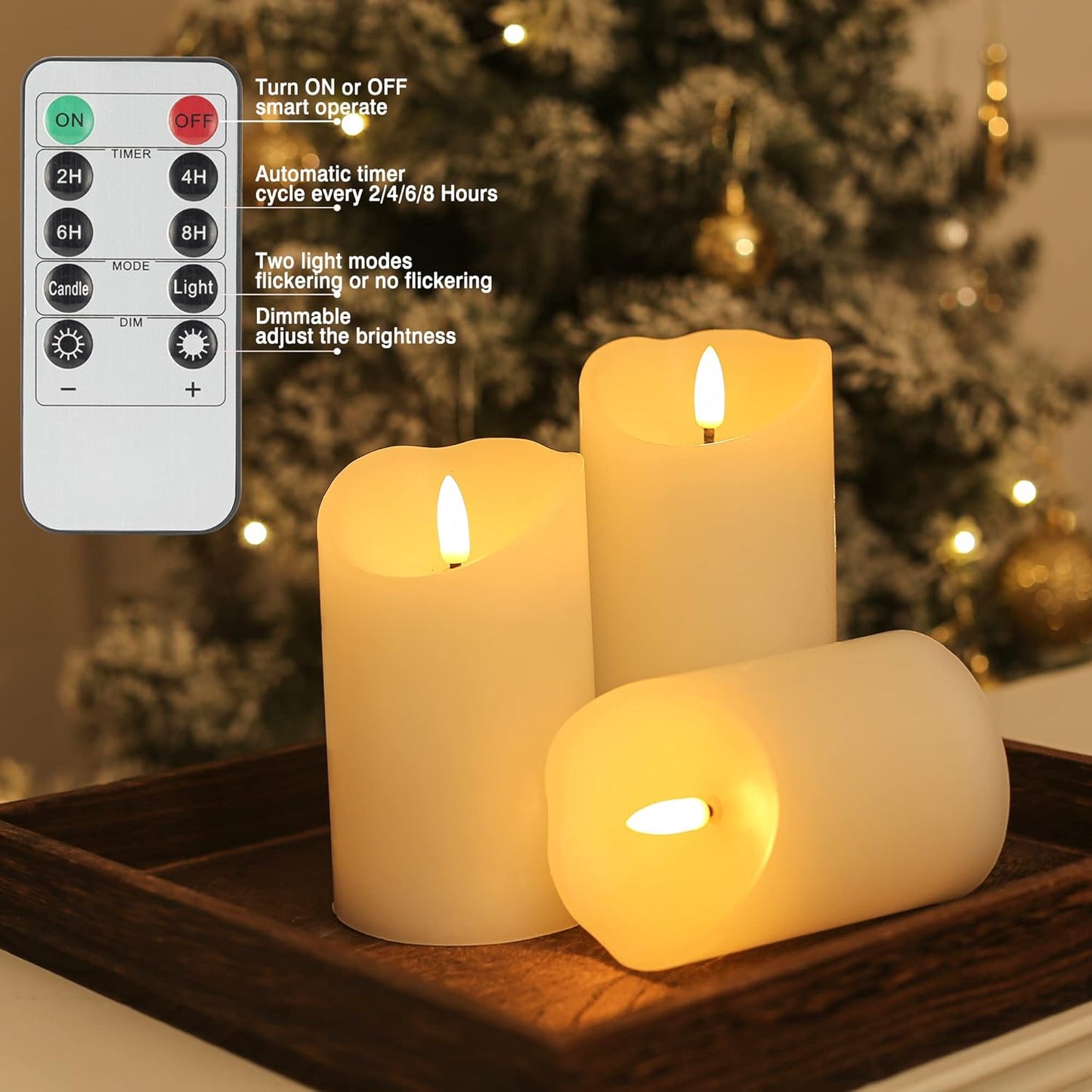 Flameless Candles with Remote, Battery Operated Real Wax LED Flickering Candles with Timer, Fake Electric Candles for Christmas Party Room Home Decor, Set of 3 (Ivory)