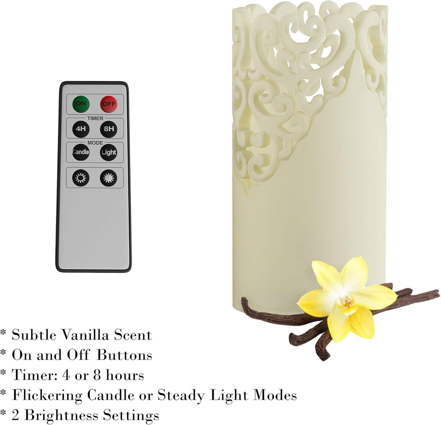 Remote Control LED Candles - Set of 3 Battery-Operated Realistic Flameless Pillars with Lace Details and Vanilla-Scented Wax by Lavish Home