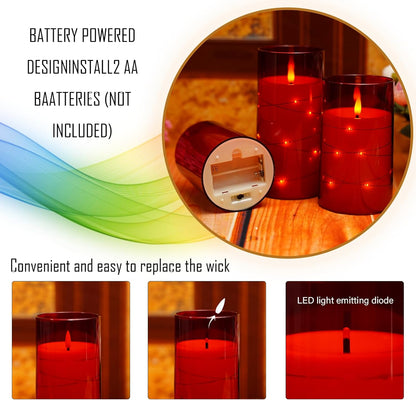 Flameless LED Candles with Timer 3 Pc Flickering Flameless Candles for Romantic Ambiance and Home Decoration Stable Acrylic Shell,with Embedded Star String，Battery Operated Candles（Red）