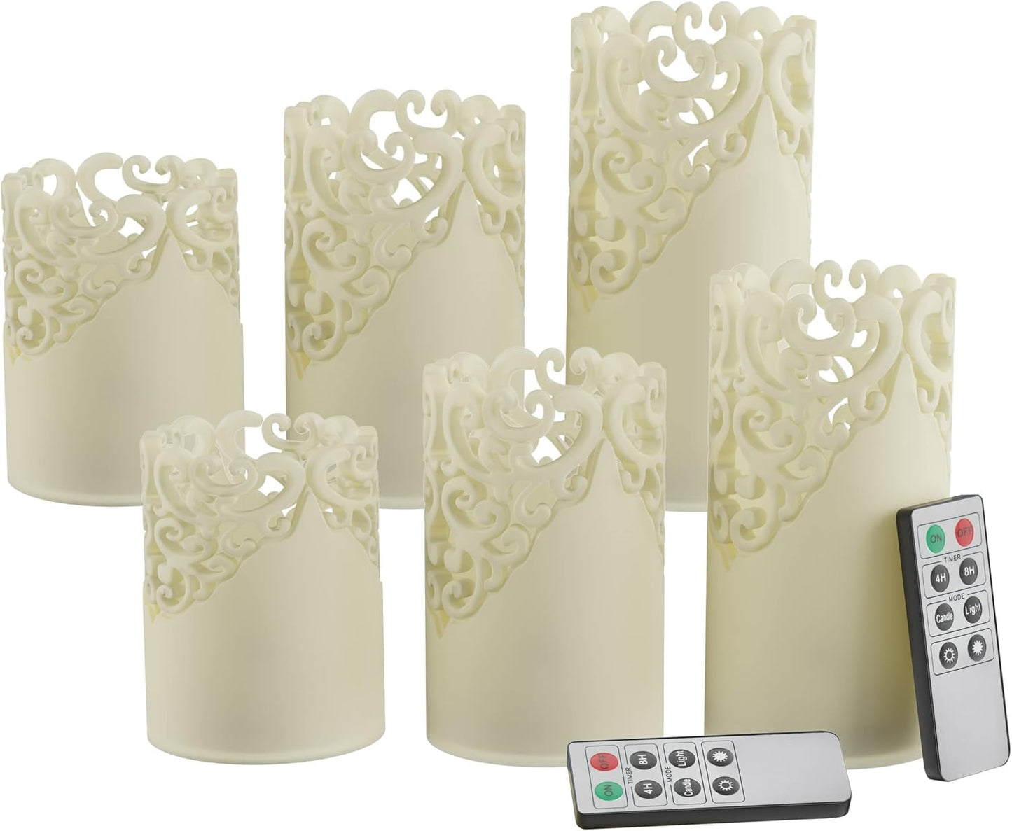 Lavish Home LED Candles with Remote Control – Set of 6 Realistic Flameless Pillar Lights with Lace Details and Vanilla Scented Wax – Home Decor