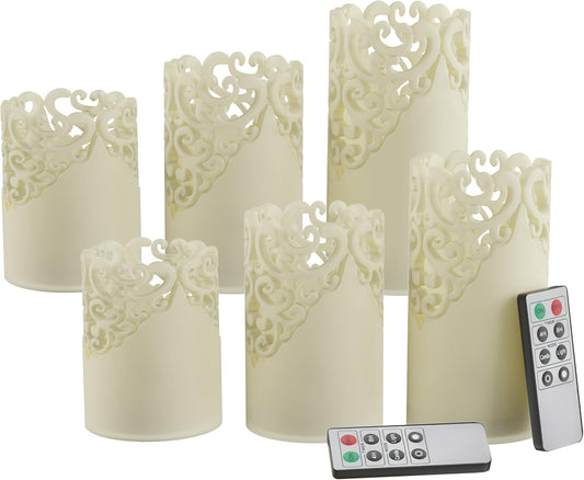 Lavish Home LED Candles with Remote Control – Set of 6 Realistic Flameless Pillar Lights with Lace Details and Vanilla Scented Wax – Home Decor