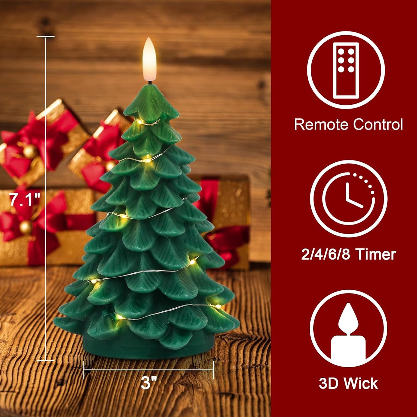 Wondise Christmas Tree Flameless Candles with String Lights 11-Key Remote and Timer, Real Wax Battery Operated 3D Wick LED Flickering Candles for Christmas Holiday Indoor Dinner Decor(3" x 7.1")