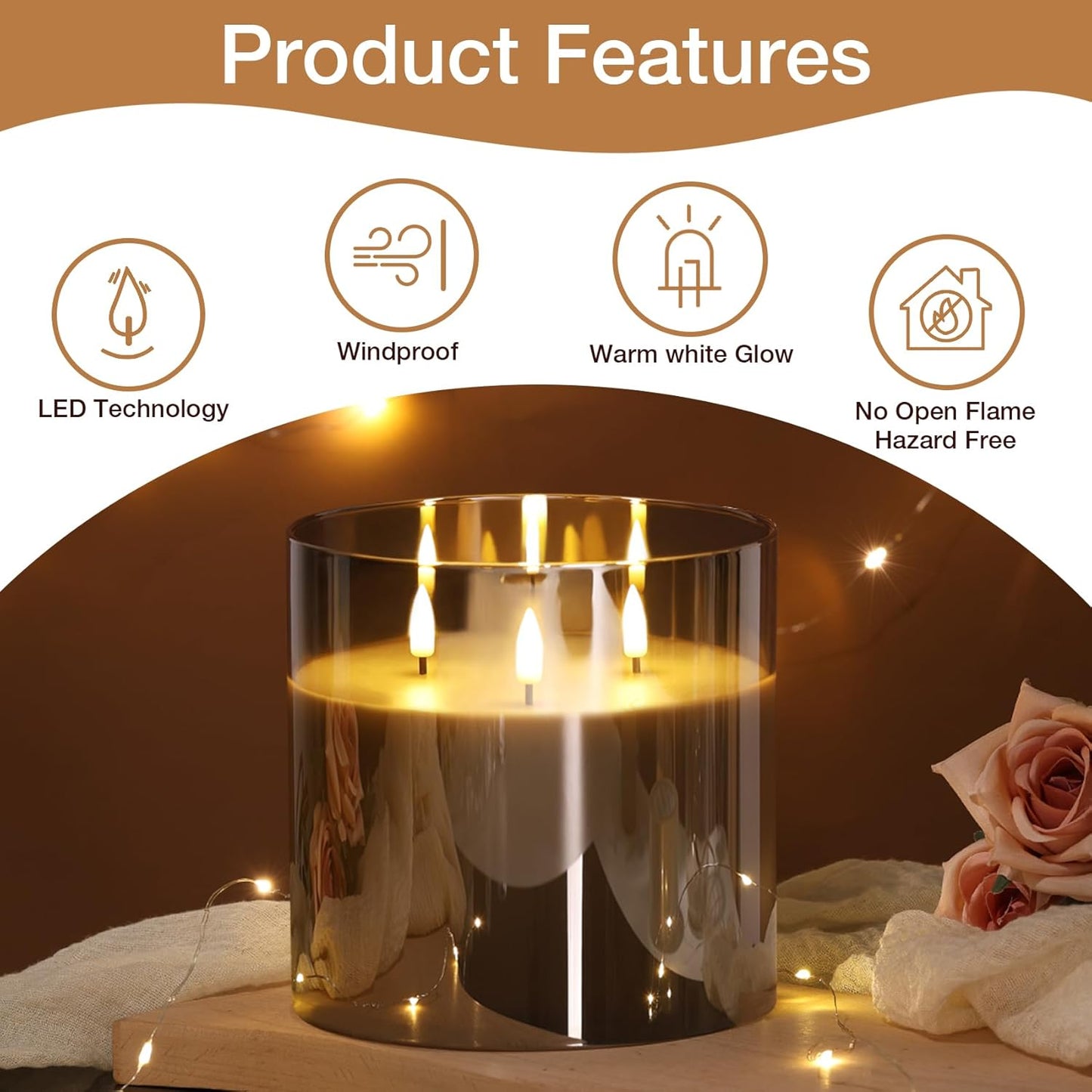 Eywamage 3 Wick Silver Grey Glass Flameless LED Candle with Remote, Flickering Large Battery Pillar Candle Decor Φ 6" H 6"