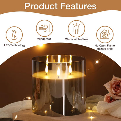 Eywamage 3 Wick Silver Grey Glass Flameless LED Candle with Remote, Flickering Large Battery Pillar Candle Decor Φ 6" H 6"