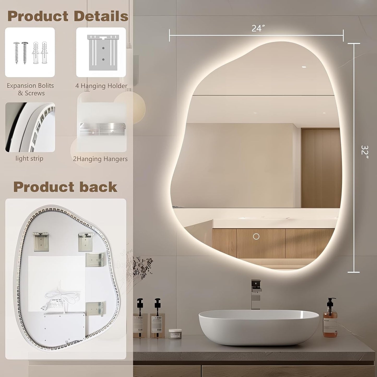 Irregular LED Bathroom Mirror with Lights, 32"x24" Anti Fog Frameless Led Bathroom Vanity Mirror, Stepless Dimmable Backlit Mirror for Bathroom Bedroom Living Room, Horizontal/Vertical