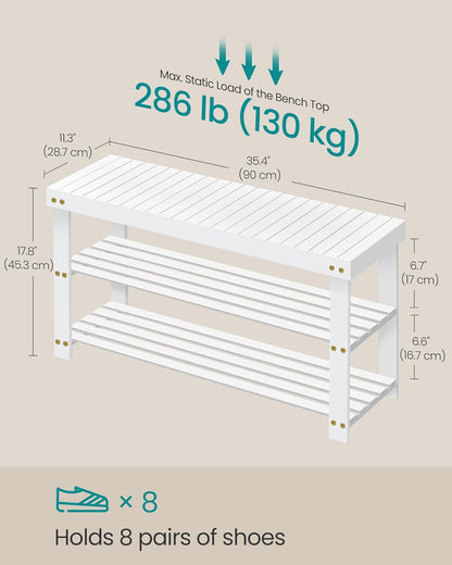 SONGMICS Shoe Rack Bench, 3-Tier Bamboo Shoe Storage Organizer, Entryway Bench, Holds Up to 286 lb, 11.3 x 35.4 x 17.8 Inches, for Entryway Bathroom Bedroom, Cloud White ULBS090W01