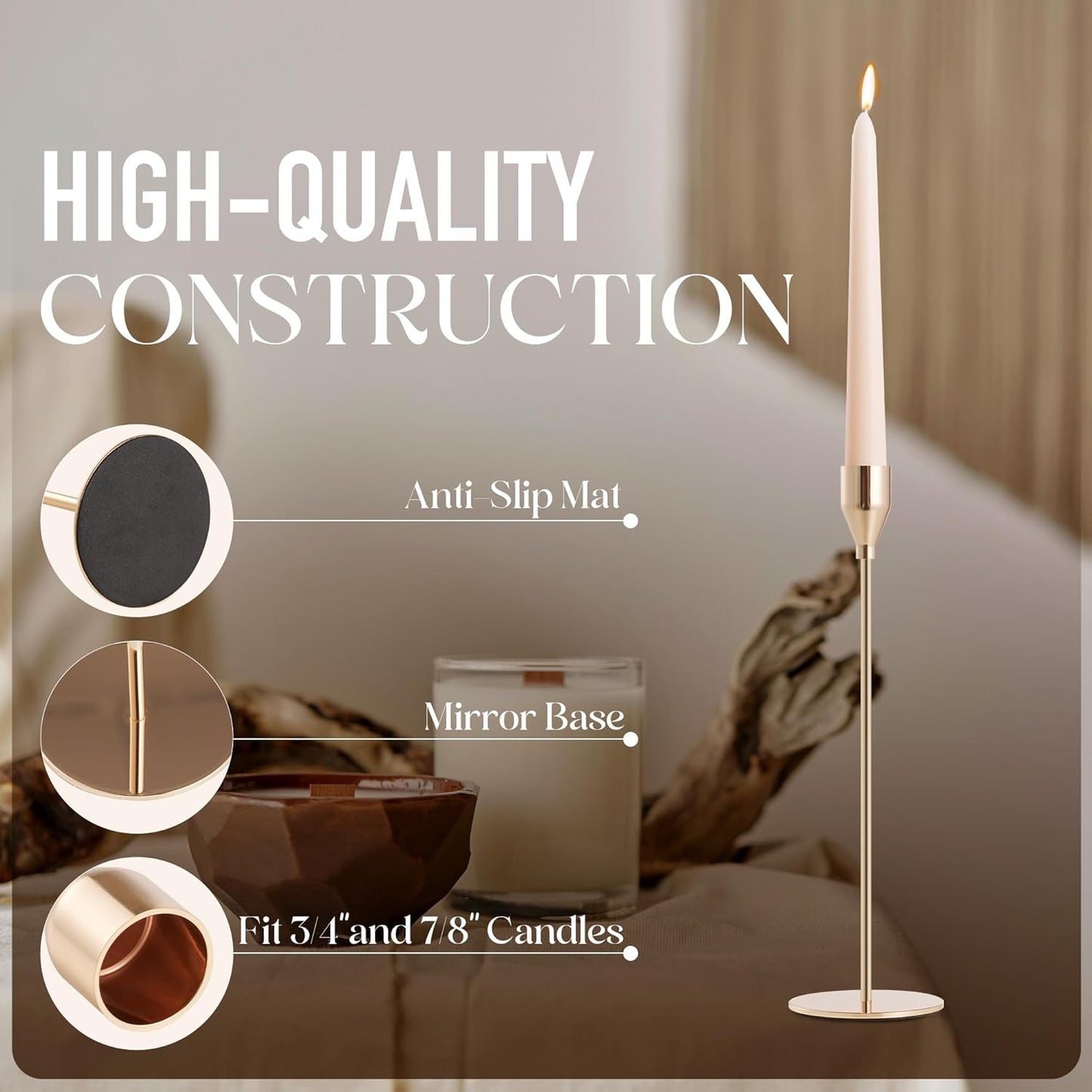 3PCS Taper Candle Holders Set, Gold Vintage Candlesticks for 3/4 and 7/8 Inch Candles with Wedding Dining Table Centerpiece Decor and Fireplace Mantel Housewarming Gift (9567-1)