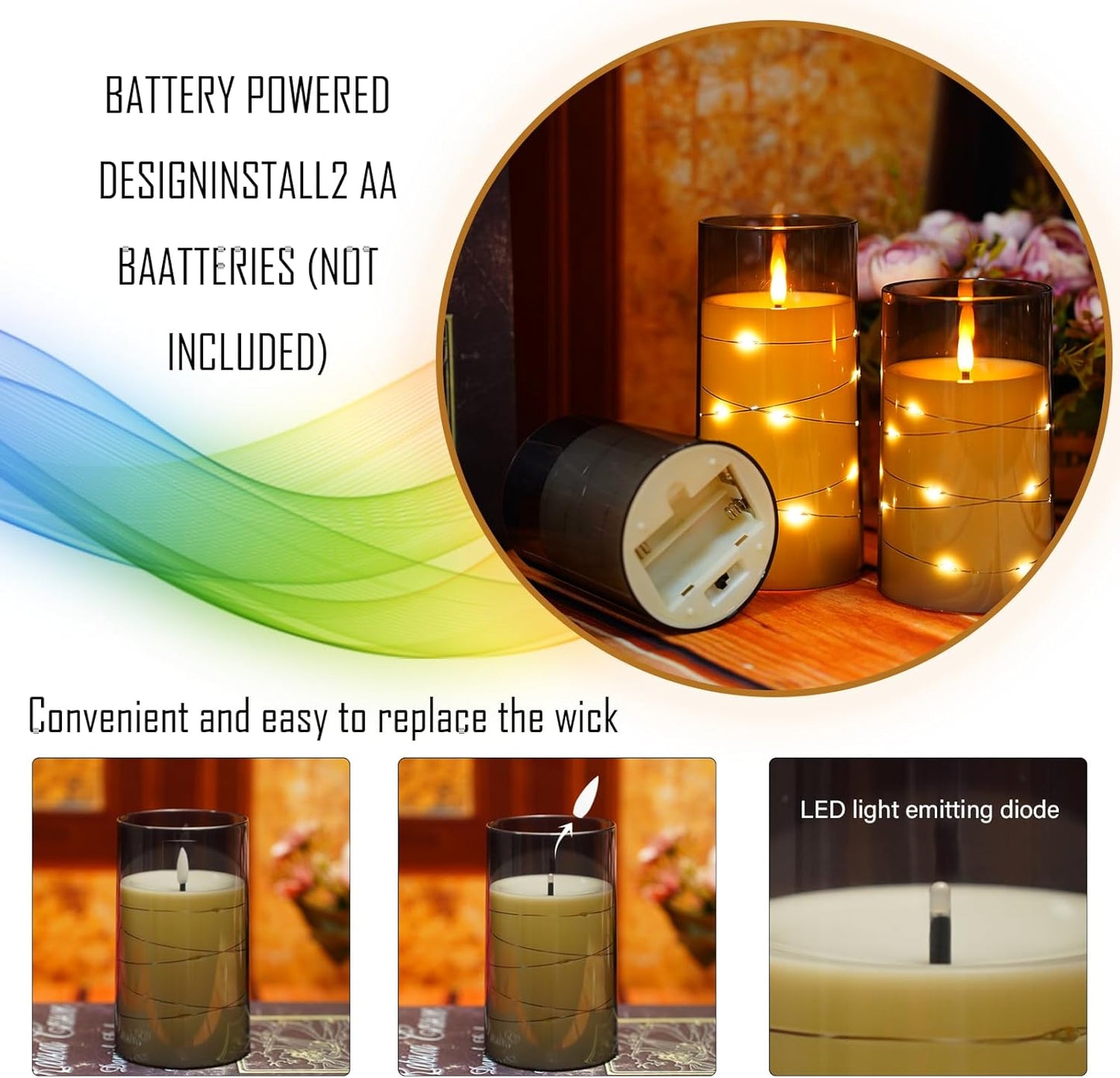 Flameless LED Candles with Timer 3 Pc Flickering Flameless Candles for Romantic Ambiance and Home Decoration Stable Acrylic Shell,with Embedded Star String，Battery Operated Candles（Grey）