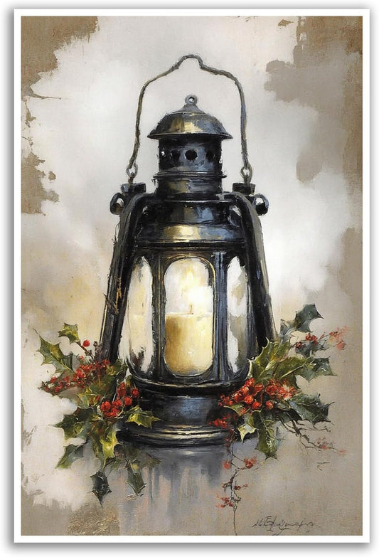 MVJGCM Vintage style Christmas art poster canvas print Christmas old fashioned lanterns country wall decoration poster suitable for farmhouse living room