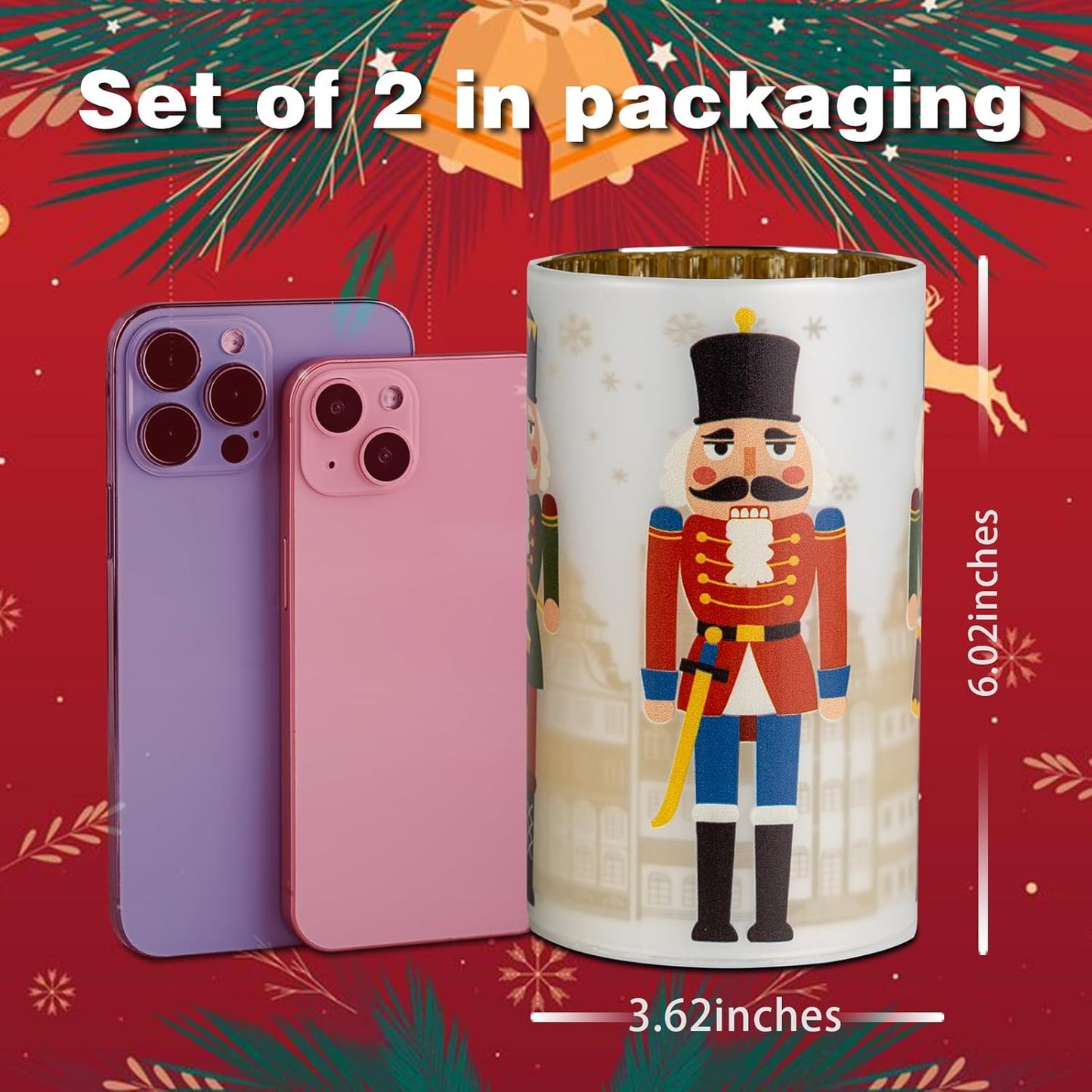 Christmas Decorations Indoor,Battery Operated Mercury Glass Latern,LED Lights Cylinder with Nutcracker Patterns,Christmas Decor for Table,Gifts for Kids (Nutcracker White)