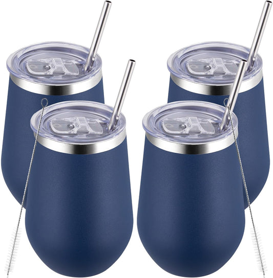 MEWAY 12oz Stainless Steel Wine Tumbler with Lid - Double Wall Vacuum Insulated Swig cups for Hot and Cold Drinks, Ideal for Coffee, Wine, Beer, gifts for Women under 10 dollars(Navy,Set of 4)