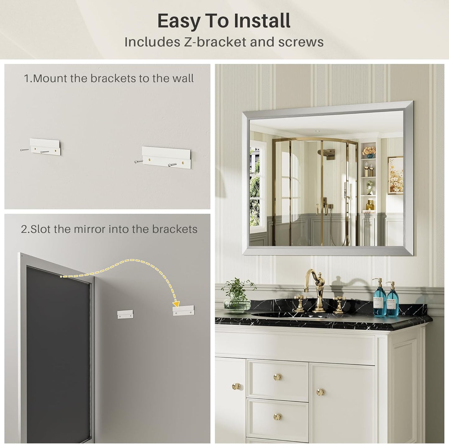 55x30 Inch Brushed Nickel Bathroom Mirror for Wall, Thick Metal Framed Rectangle Mirrors for Over Sink, Bedroom, Living Room, Entryway, Anti-Rust, HD Tempered Glass