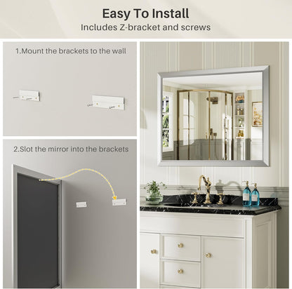 55x30 Inch Brushed Nickel Bathroom Mirror for Wall, Thick Metal Framed Rectangle Mirrors for Over Sink, Bedroom, Living Room, Entryway, Anti-Rust, HD Tempered Glass