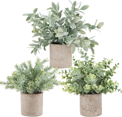 Der Rose 3 Pack Mini Potted Fake Plants Artificial Plastic Eucalyptus Plants Topiaries for Home Office Desk Farmhouse Room Bathroom Decor