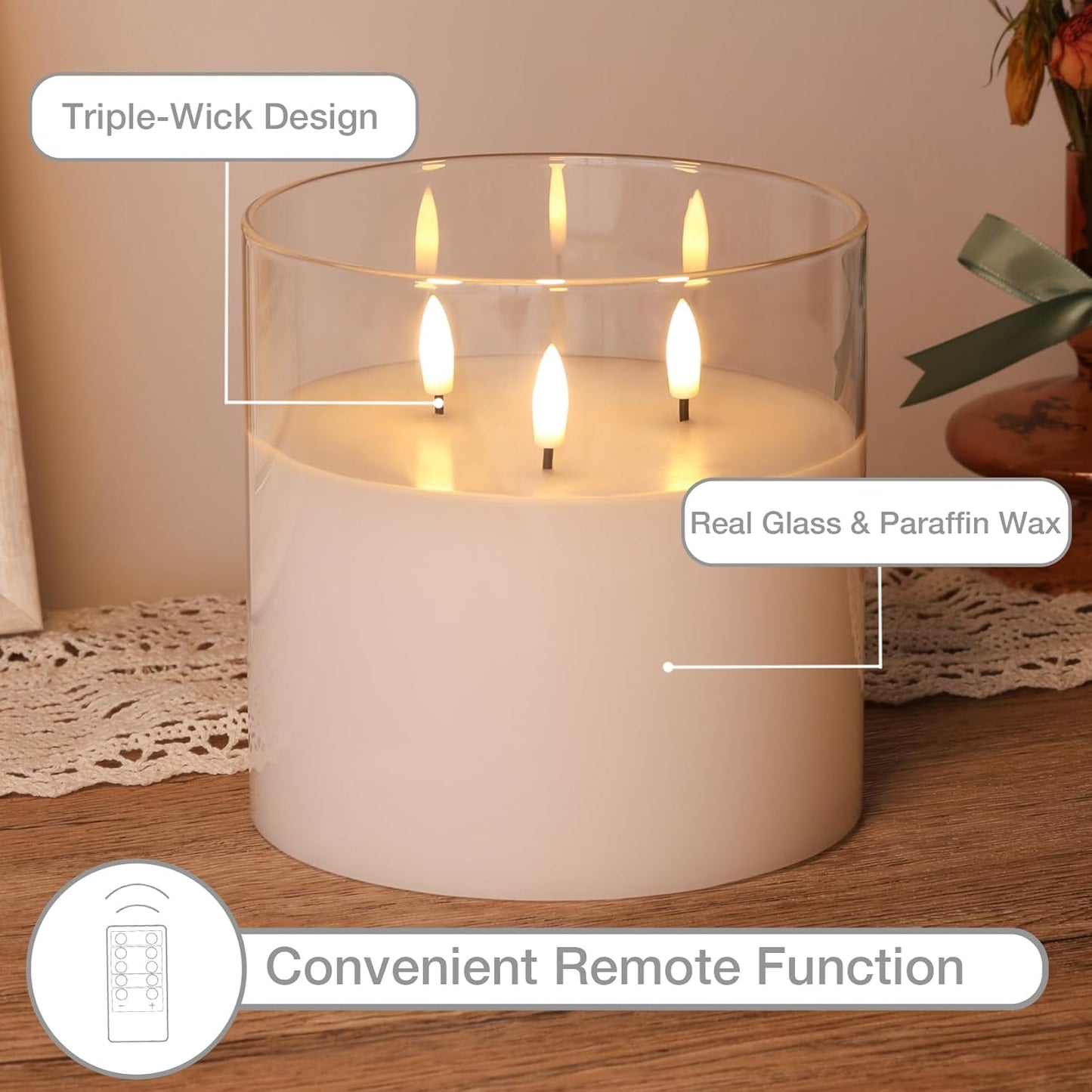 Eywamage 3 Wick Clear Glass Flameless Candle with Remote, Large Flickering LED Battery Pillar Candle Φ 6" H 6"