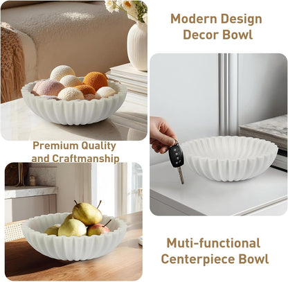 Large Decorative Bowl for Home Decor - Centerpiece for Coffee Table,Dining Table,Kitchen, Entryway Key bowl & Fruit Display - Modern Concrete Stone Design (White)