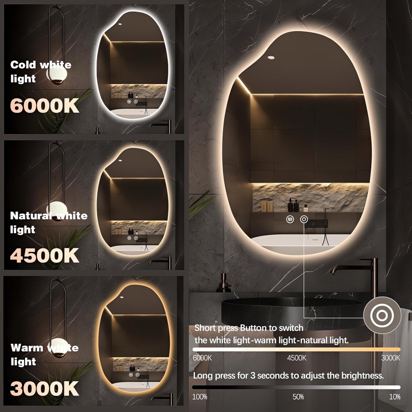 38"x26" Asymmetrical Led Mirror for Bathroom, Irregular Backlit Vanity Mirror with Lights, Frameless Smart Mirror, 3 Colors Stepless Dimmable, Anti-Fog, Memory, CRI95+, Horizontal/Vertical