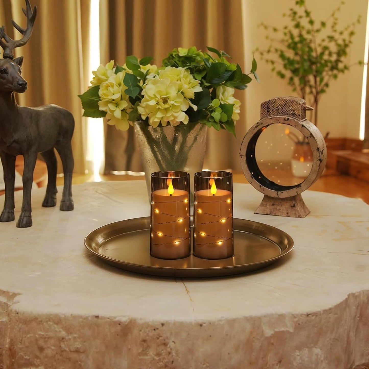 Homemory Flameless Candles with Embedded Star String Fairy Lights, Battery Operated Candles, LED Candle, Fake Candles with Remote Control and Timer, Grey, Set of 2(H 6" 6")