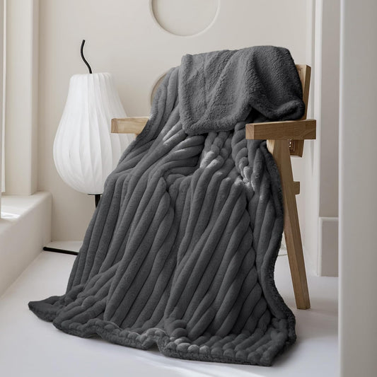 MOSAYT Throw Blanket for Couch or Bed, Super Soft Faux Rabbit Fur, Elegant Ruched Design, Grey Cozy Blanket (60x80 Inch)